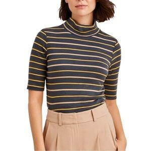 ANN TAYLOR Mock Neck Navy Striped Elbow Sleeve Top